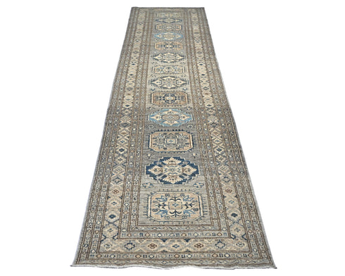 11 Ft Gray Kazak Afghan Hand Knotted Geometric Wool Runner Rug